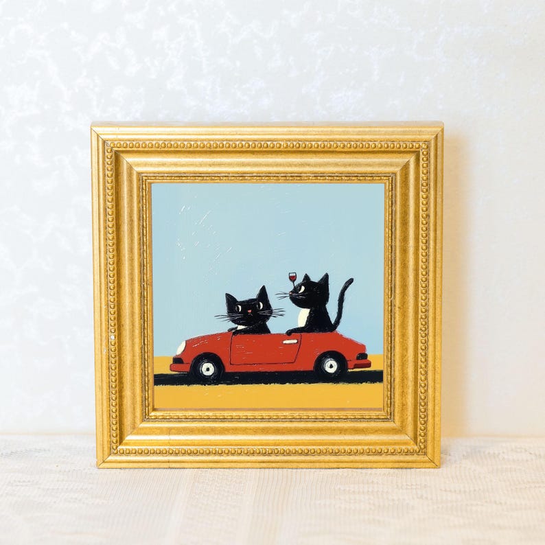 Miniature Two Cats Oil Painting in Gold Frame: Quirky Home Decor