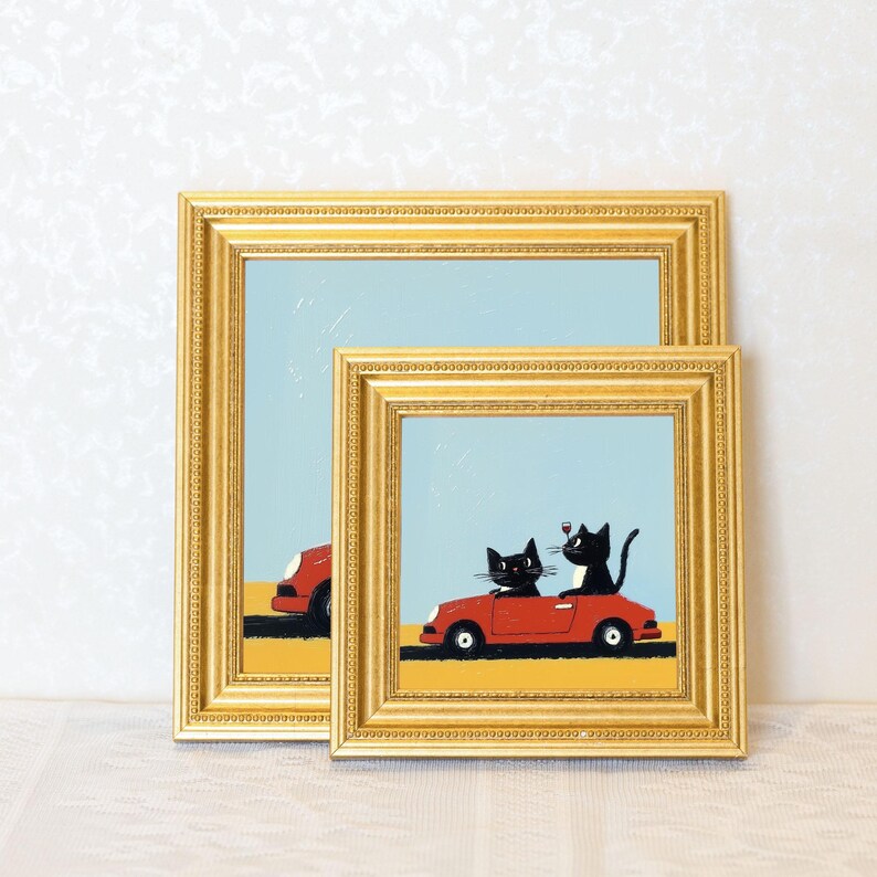 Miniature Two Cats Oil Painting in Gold Frame: Quirky Home Decor