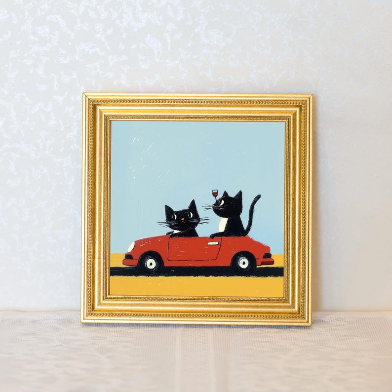 Miniature Two Cats Oil Painting in Gold Frame: Quirky Home Decor