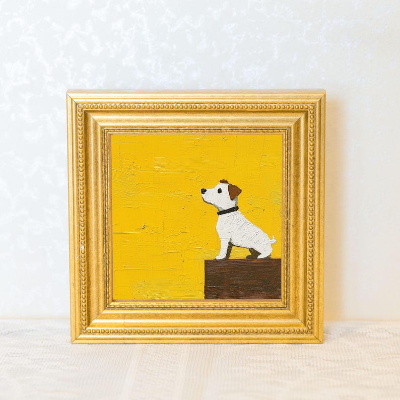 Original Dog Oil Painting in Gold Frame: Quirky Puppy Art