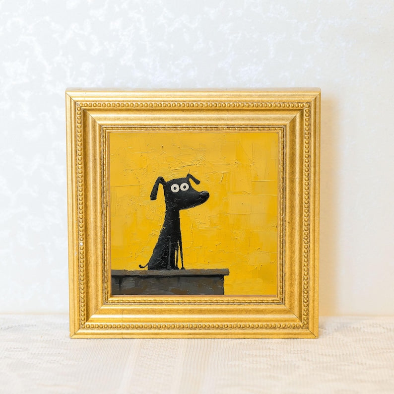 Original Dog Oil Painting in Gold Frame: Quirky Puppy Art
