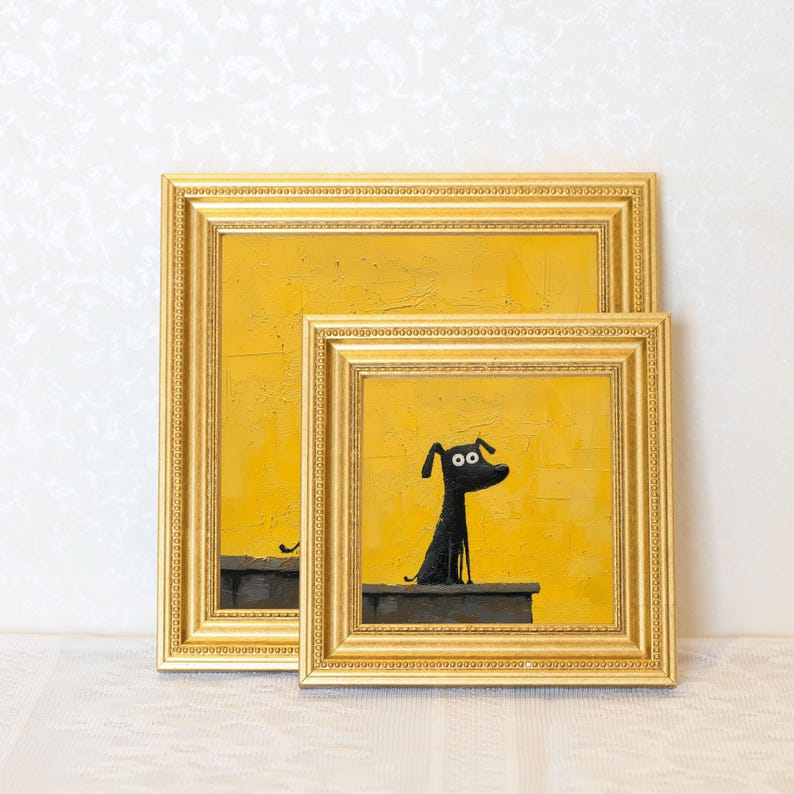 Original Dog Oil Painting in Gold Frame: Quirky Puppy Art