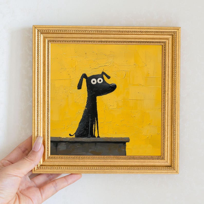 Original Dog Oil Painting in Gold Frame: Quirky Puppy Art