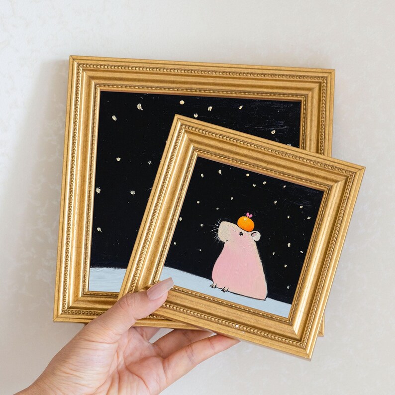 Mini Guinea Pig Oil Painting in Gold Frame: Quirky Animal Lover Gift