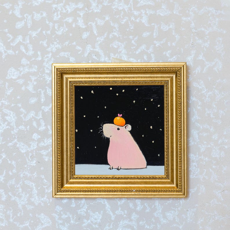 Mini Guinea Pig Oil Painting in Gold Frame: Quirky Animal Lover Gift