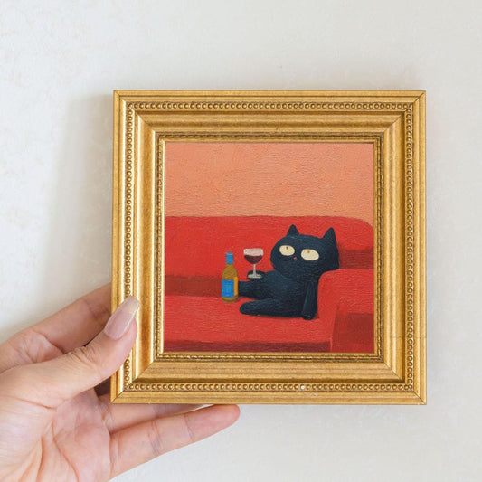 Mini Drunk Cat Oil Painting in Gold Frame: Quirky Wall Decor