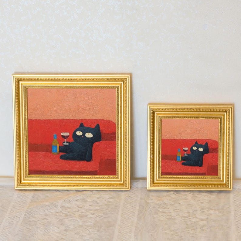 Mini Drunk Cat Oil Painting in Gold Frame: Quirky Wall Decor