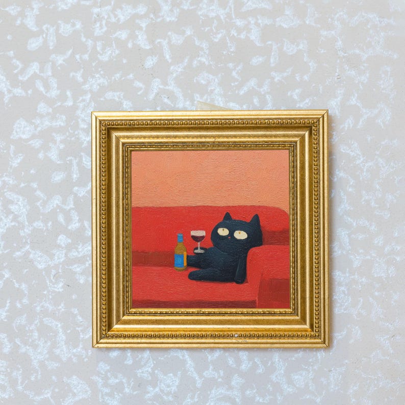 Mini Drunk Cat Oil Painting in Gold Frame: Quirky Wall Decor