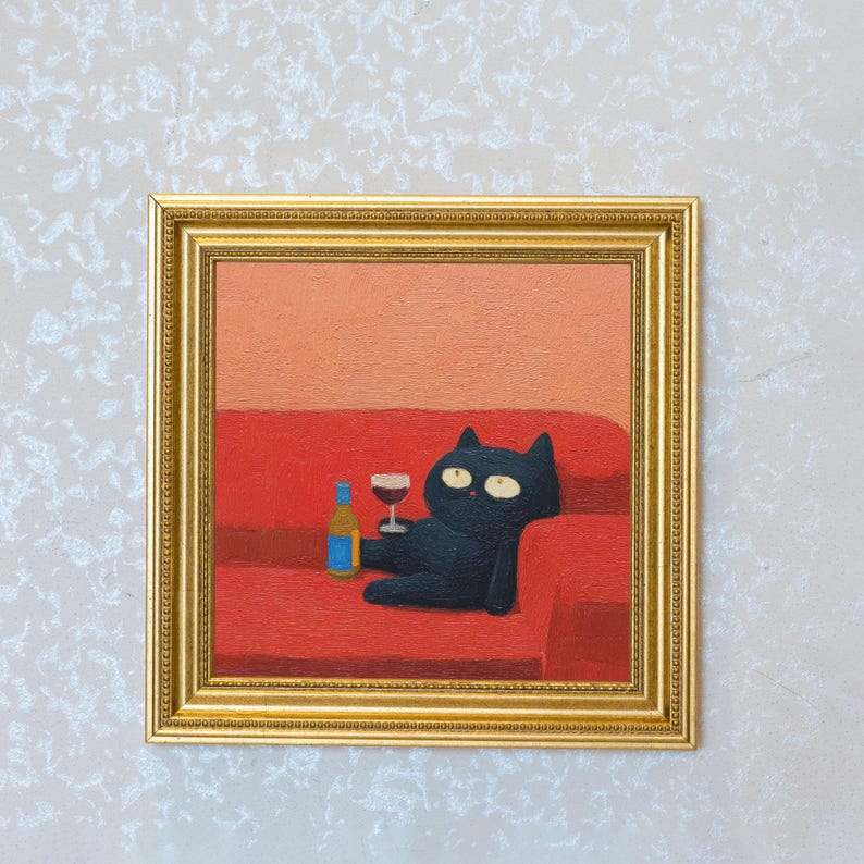 Mini Drunk Cat Oil Painting in Gold Frame: Quirky Wall Decor