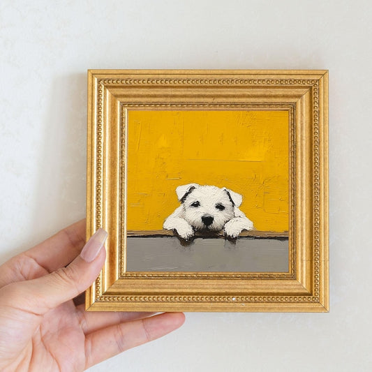 Mini Puppy Oil Painting in Gold Frame: Hand-Painted Dog Wall Art