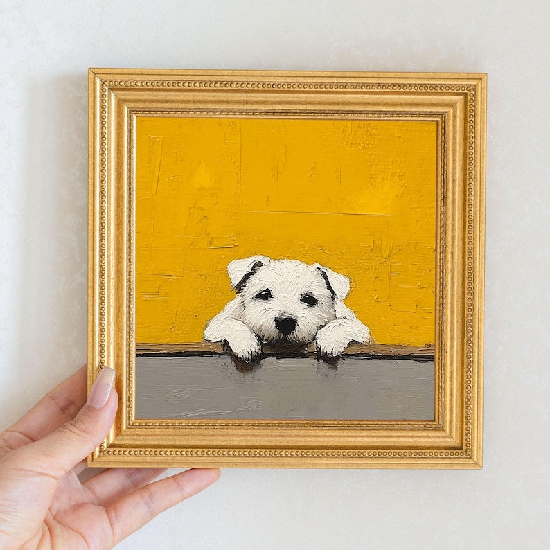 Mini Puppy Oil Painting in Gold Frame: Hand-Painted Dog Wall Art