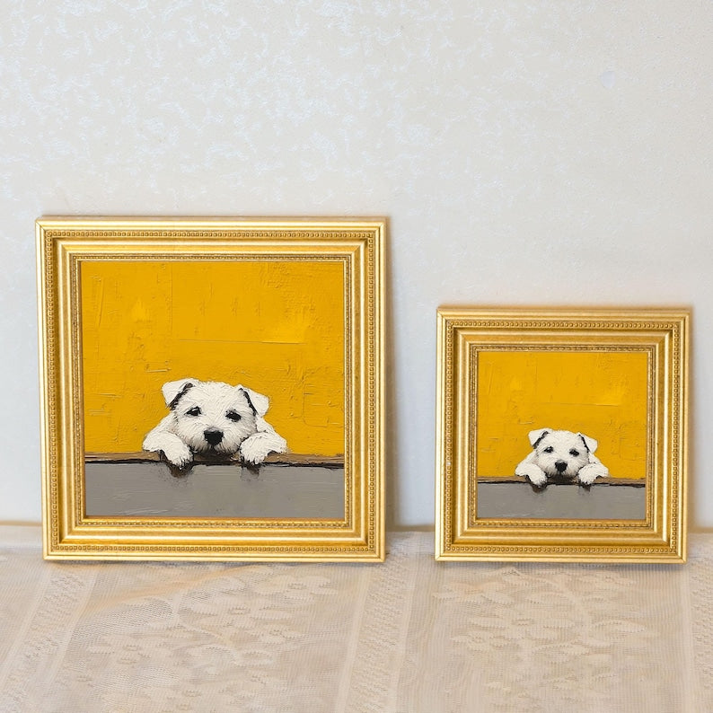 Mini Puppy Oil Painting in Gold Frame: Hand-Painted Dog Wall Art