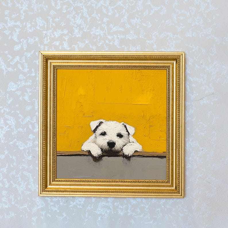 Mini Puppy Oil Painting in Gold Frame: Hand-Painted Dog Wall Art