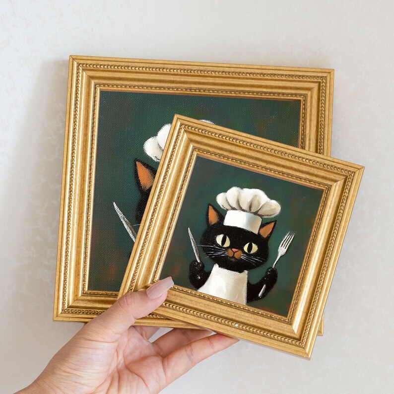 Mini Chef Cat Oil Painting in Gold Frame: Hand-Painted Kitchen Art