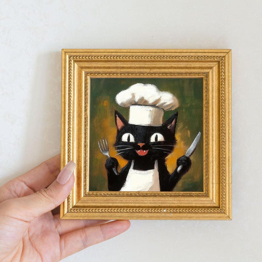 Mini Hell Chef Cat Oil Painting in Gold Frame: Whimsical Kitchen Art