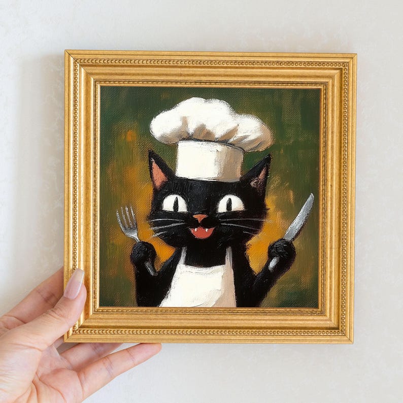 Mini Hell Chef Cat Oil Painting in Gold Frame: Whimsical Kitchen Art