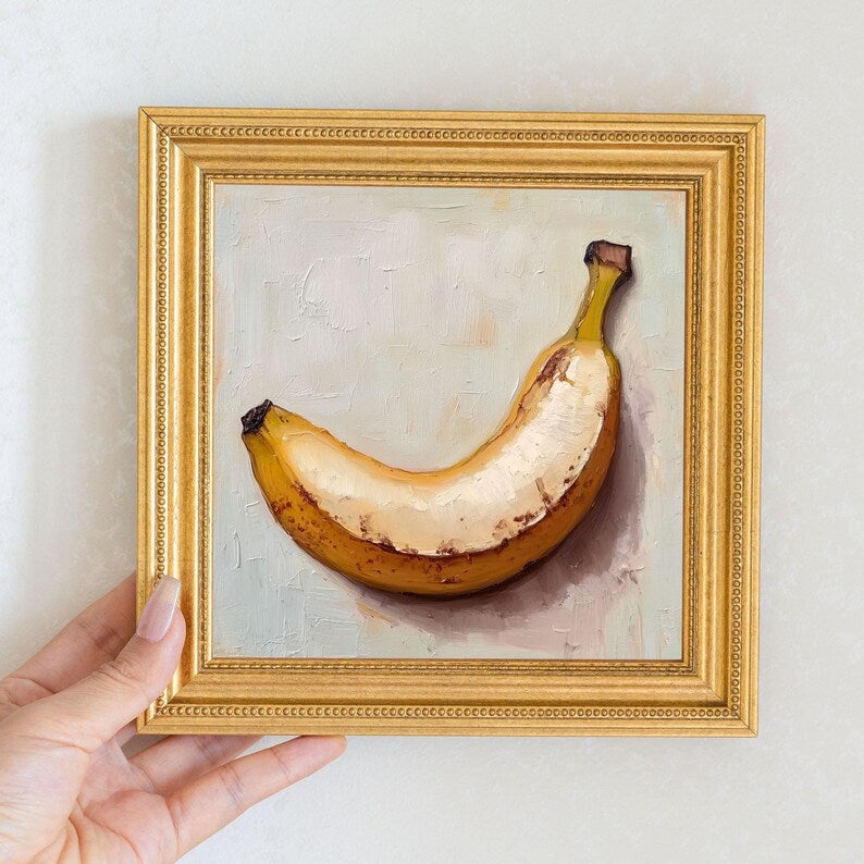 Mini Banana Oil Painting in Gold Frame: Hand-Painted Fruit Still Life Art