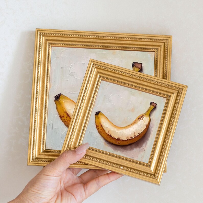 Mini Banana Oil Painting in Gold Frame: Hand-Painted Fruit Still Life Art