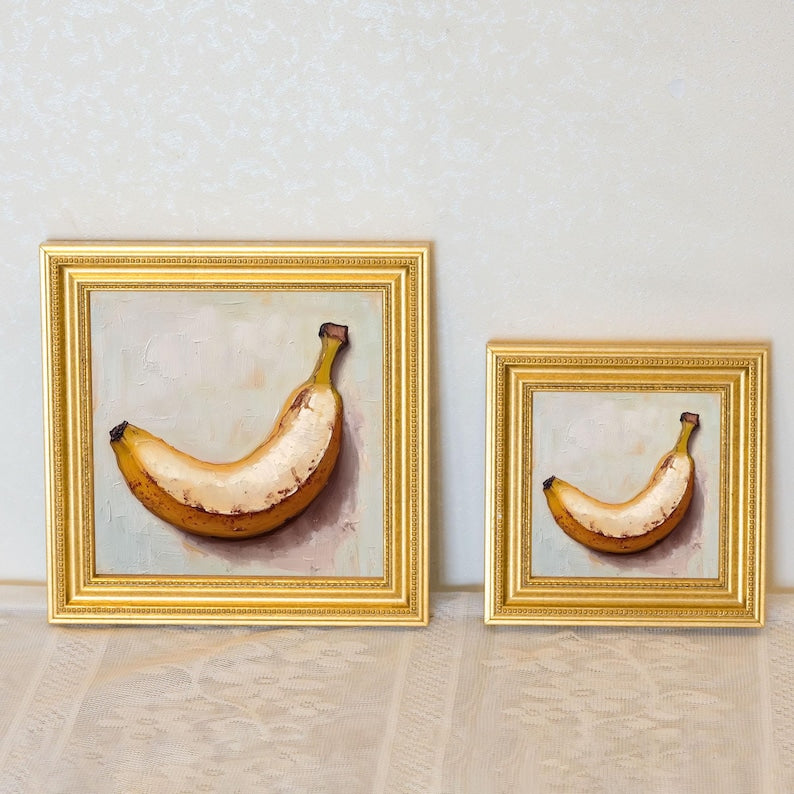Mini Banana Oil Painting in Gold Frame: Hand-Painted Fruit Still Life Art