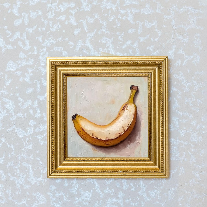 Mini Banana Oil Painting in Gold Frame: Hand-Painted Fruit Still Life Art