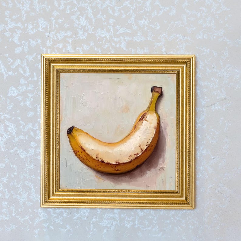 Mini Banana Oil Painting in Gold Frame: Hand-Painted Fruit Still Life Art