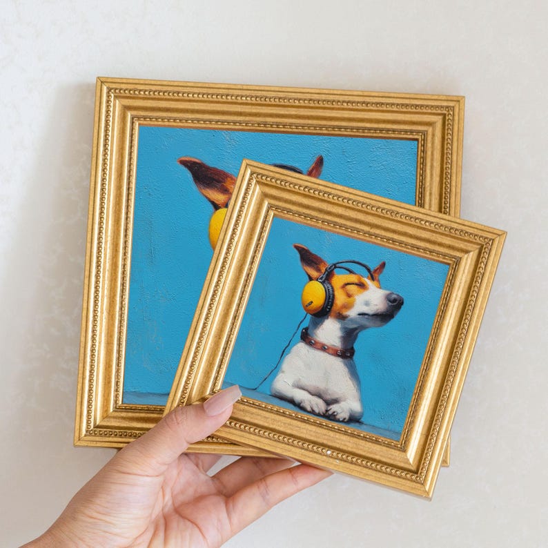 Mini Music Dog Oil Painting in Gold Frame: Hand-Painted Puppy Art
