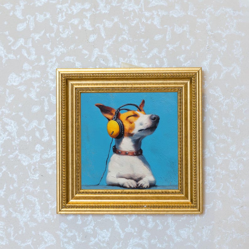 Mini Music Dog Oil Painting in Gold Frame: Hand-Painted Puppy Art