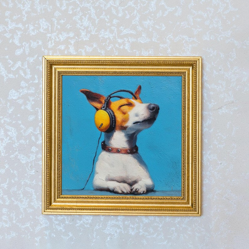Mini Music Dog Oil Painting in Gold Frame: Hand-Painted Puppy Art