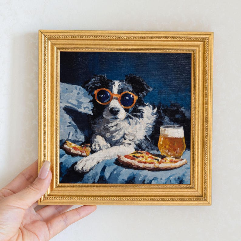 Mini Border Collie Oil Painting: Hand-Painted Dog Art in Gold Frame