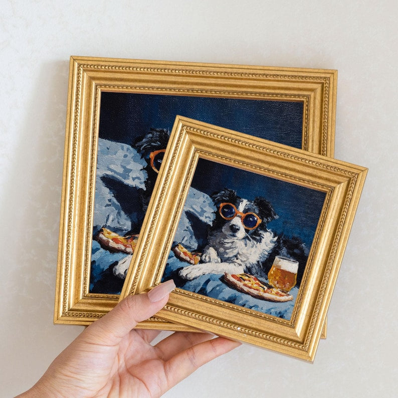 Mini Border Collie Oil Painting: Hand-Painted Dog Art in Gold Frame