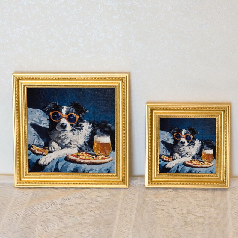 Mini Border Collie Oil Painting: Hand-Painted Dog Art in Gold Frame