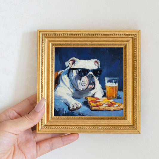 Mini Bulldog Oil Painting in Gold Frame: Hand-Painted Puppy Art