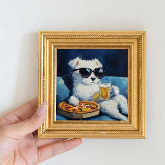Mini Westie Dog Oil Painting: Hand-Painted Gold Frame Art