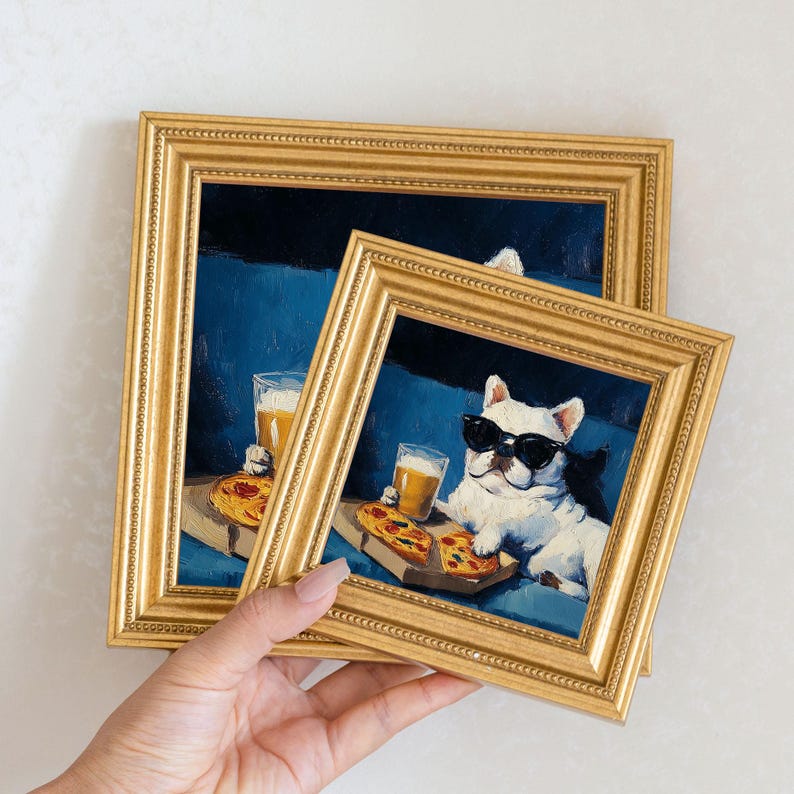 Mini French Bulldog Oil Painting in Gold Frame: Hand-Painted Puppy Art