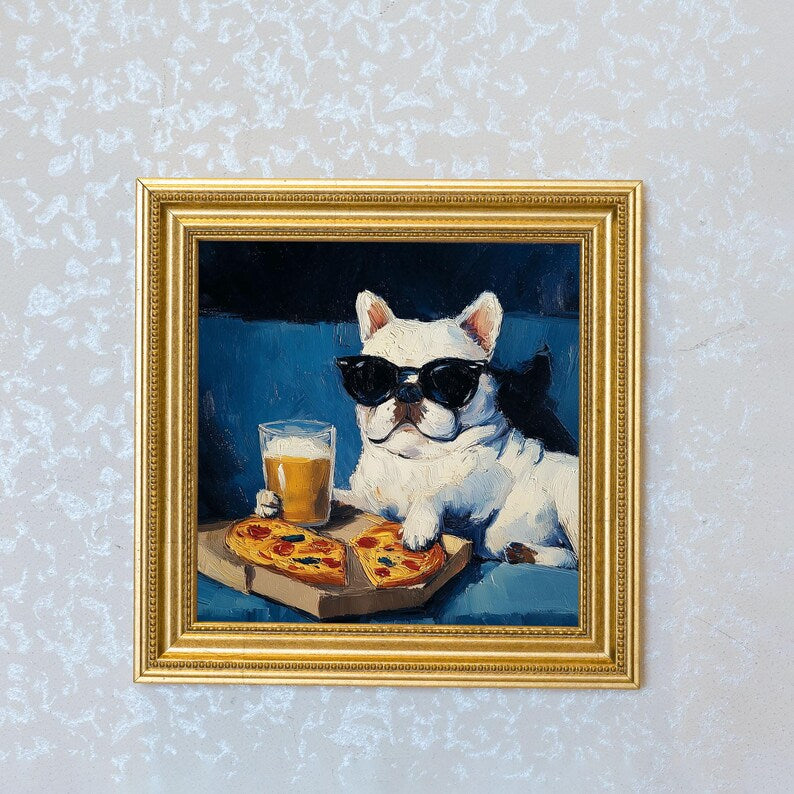 Mini French Bulldog Oil Painting in Gold Frame: Hand-Painted Puppy Art