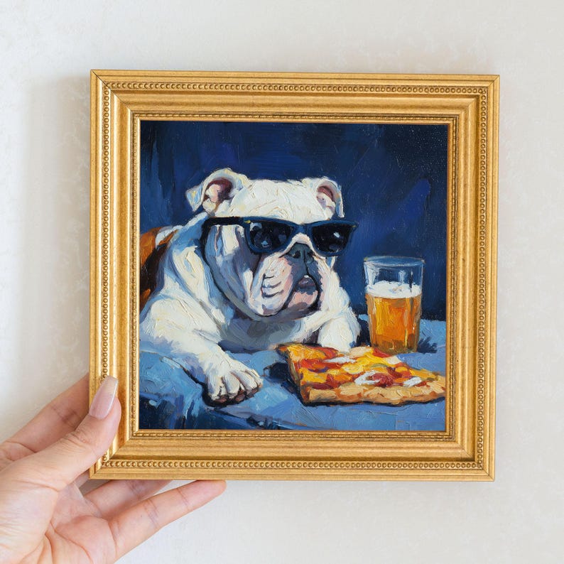 Mini Bulldog Oil Painting in Gold Frame: Hand-Painted Puppy Art