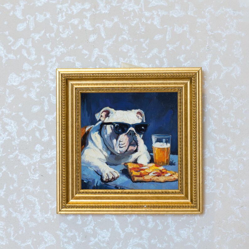 Mini Bulldog Oil Painting in Gold Frame: Hand-Painted Puppy Art