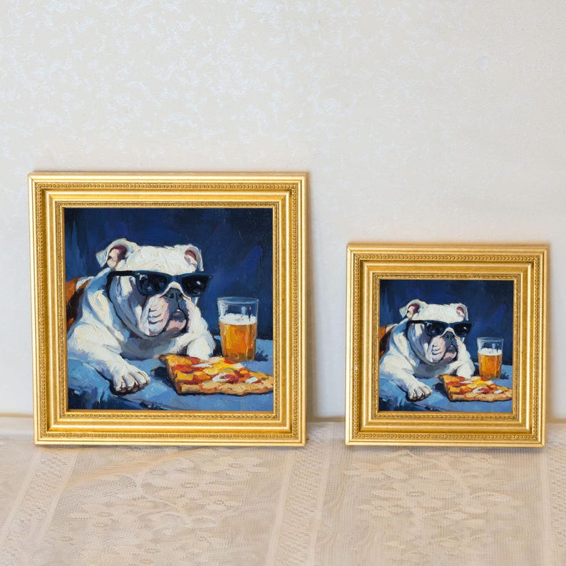 Mini Bulldog Oil Painting in Gold Frame: Hand-Painted Puppy Art