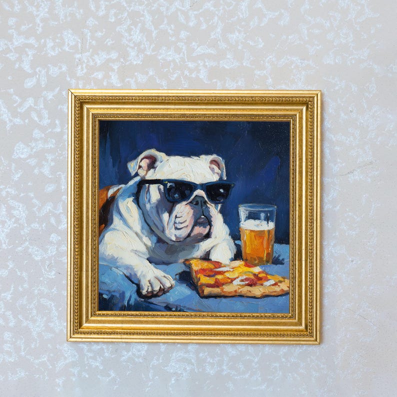Mini Bulldog Oil Painting in Gold Frame: Hand-Painted Puppy Art
