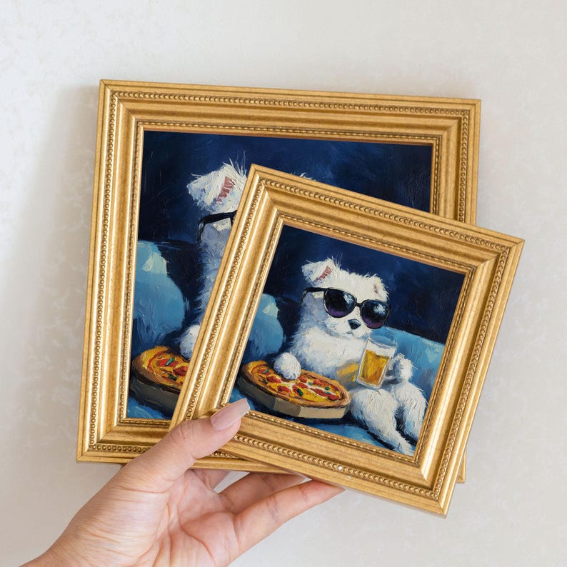 Mini Westie Dog Oil Painting: Hand-Painted Gold Frame Art