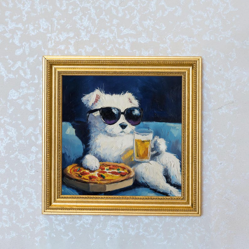 Mini Westie Dog Oil Painting: Hand-Painted Gold Frame Art