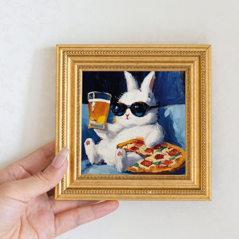 Mini Rabbit Oil Painting in Gold Frame: Hand-Painted Bunny Art