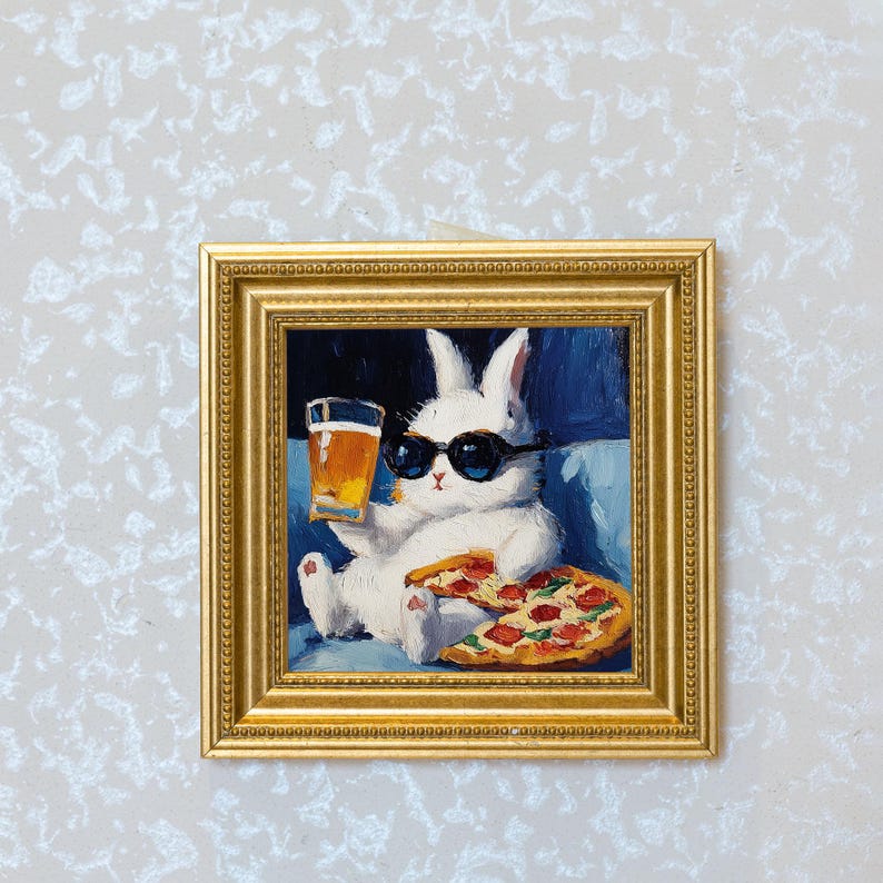 Mini Rabbit Oil Painting in Gold Frame: Hand-Painted Bunny Art
