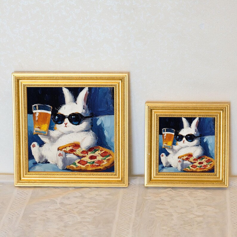 Mini Rabbit Oil Painting in Gold Frame: Hand-Painted Bunny Art
