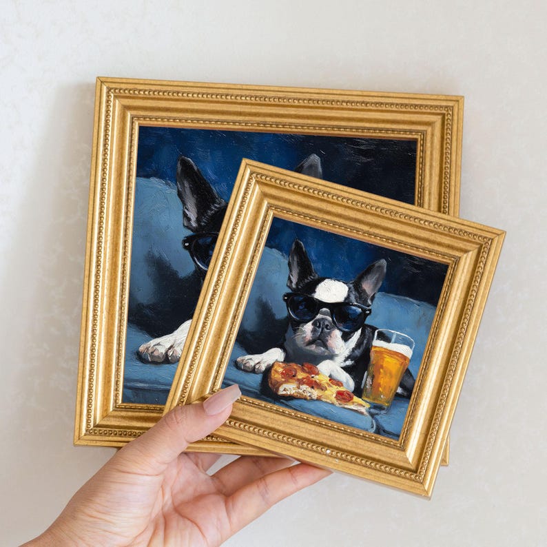 Mini Boston Terrier Oil Painting in Gold Frame: Hand-Painted Dog Art