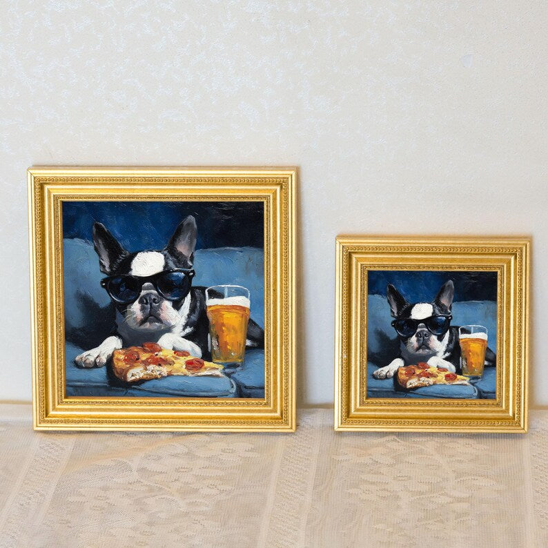 Mini Boston Terrier Oil Painting in Gold Frame: Hand-Painted Dog Art