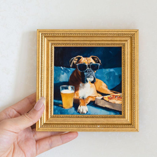 Mini Boxer Dog Oil Painting in Gold Frame: Hand-Painted Puppy Art