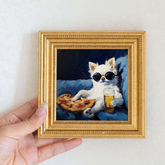 Mini Fluffy White Dog Oil Painting in Gold Frame: Hand-Painted Puppy Art