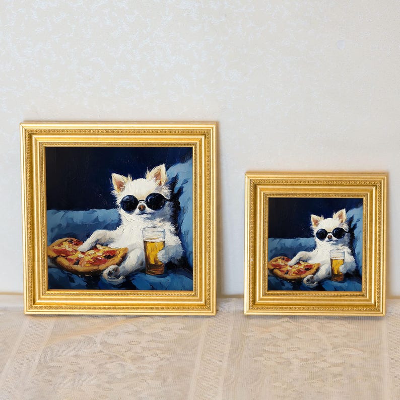 Mini Fluffy White Dog Oil Painting in Gold Frame: Hand-Painted Puppy Art