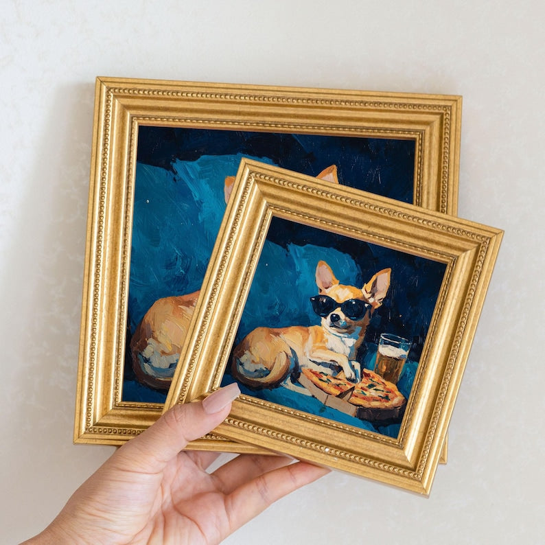 Mini Chihuahua Dog Oil Painting in Gold Frame, Hand-Painted Puppy Wall Art for Home, Office, Bar & Gift for Dog Lovers and Pet Lovers